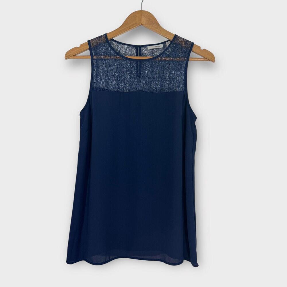 Halogen Women’s Size Small Navy Blue Lace Mesh Panel Sleeveless Woven Blouse